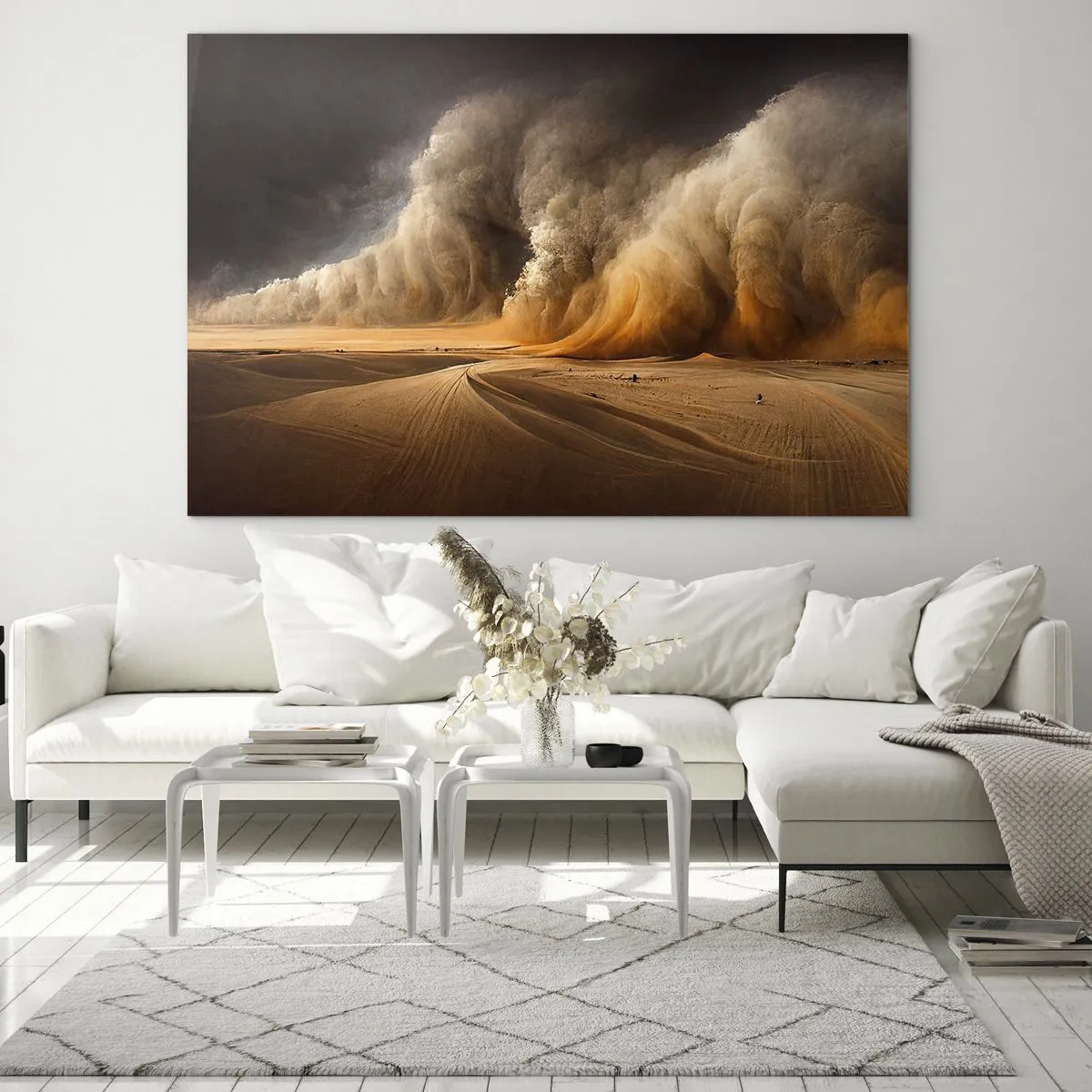 Schilderen op glas - Een zandstorm boven de woestijn in dramatisch licht - 70x50cm - De toorn van de woestijn - Moderne wanddecoratie voor woonkamer en slaapkamer ARTTOR