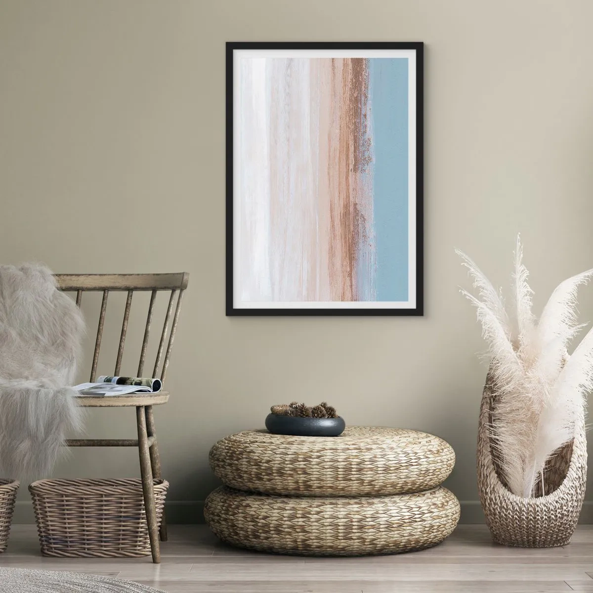 Poster in een zwarte lijst - Minimalistische abstractie in de kleuren van het strand en de zee - 50x70cm - Dubbelzinnig landschap - Moderne wanddecoratie voor woonkamer en slaapkamer ARTTOR