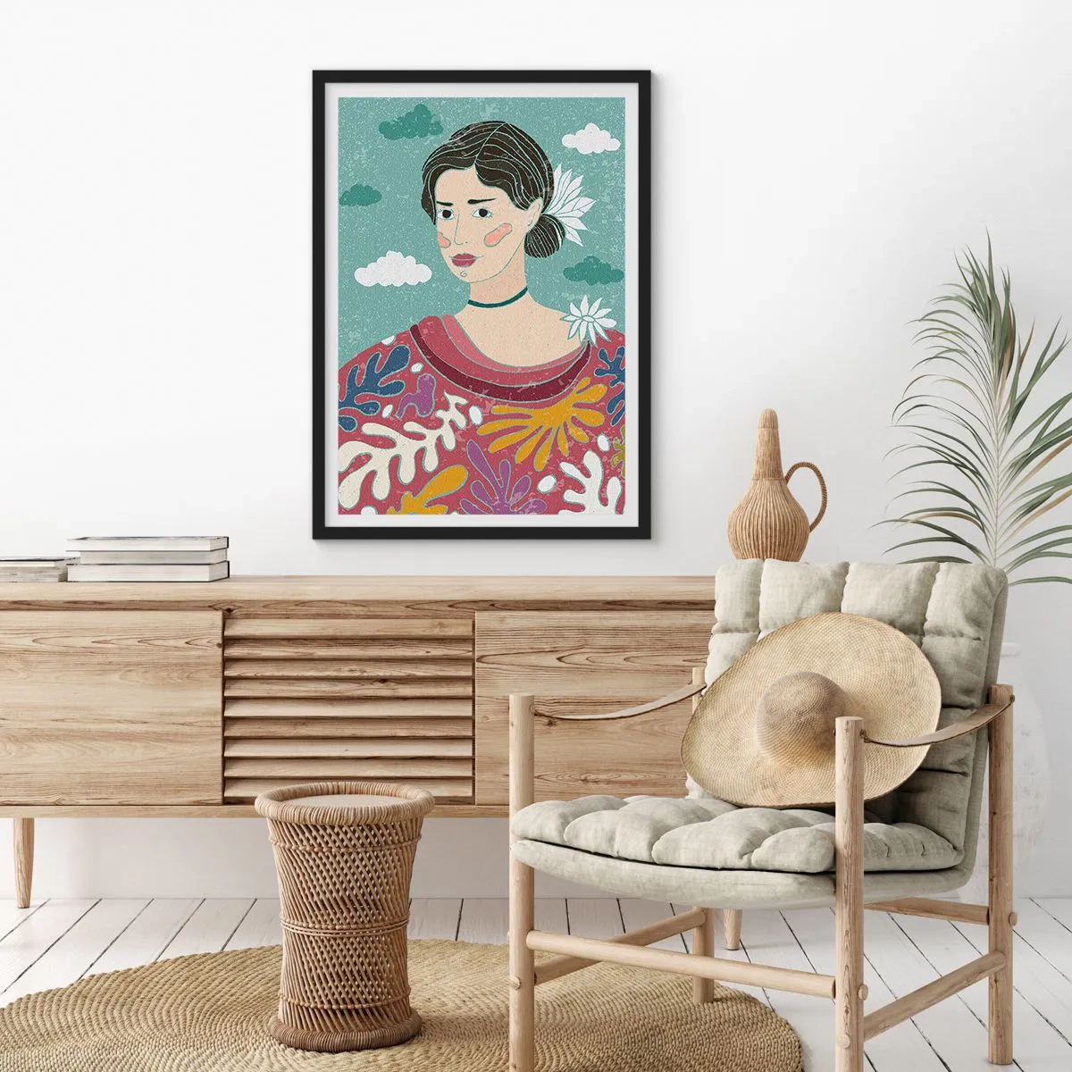 Poster in een zwarte lijst - Portret van een vrouw in een kleurrijke, gestileerde jurk tegen een achtergrond van wolken. - 50x70cm - Met melancholie in de ogen - Moderne wanddecoratie voor woonkamer en slaapkamer ARTTOR