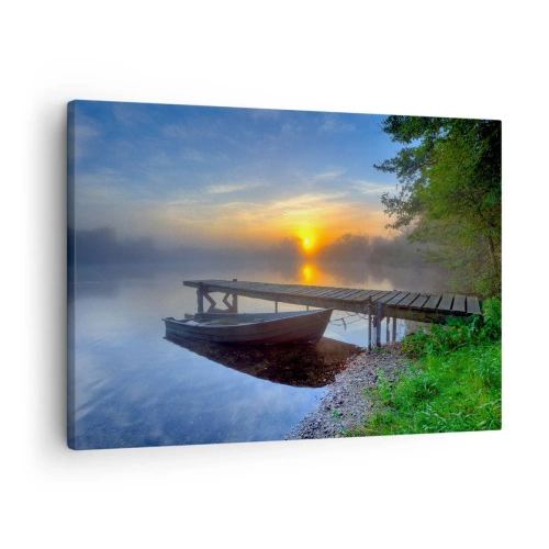 Schilderen op canvas - Een steiger aan het meer bij zonsopgang met een boot aan de oever - 70x50cm - Hoe gewoon verandert in magie - Moderne wanddecoratie voor woonkamer en slaapkamer ARTTOR