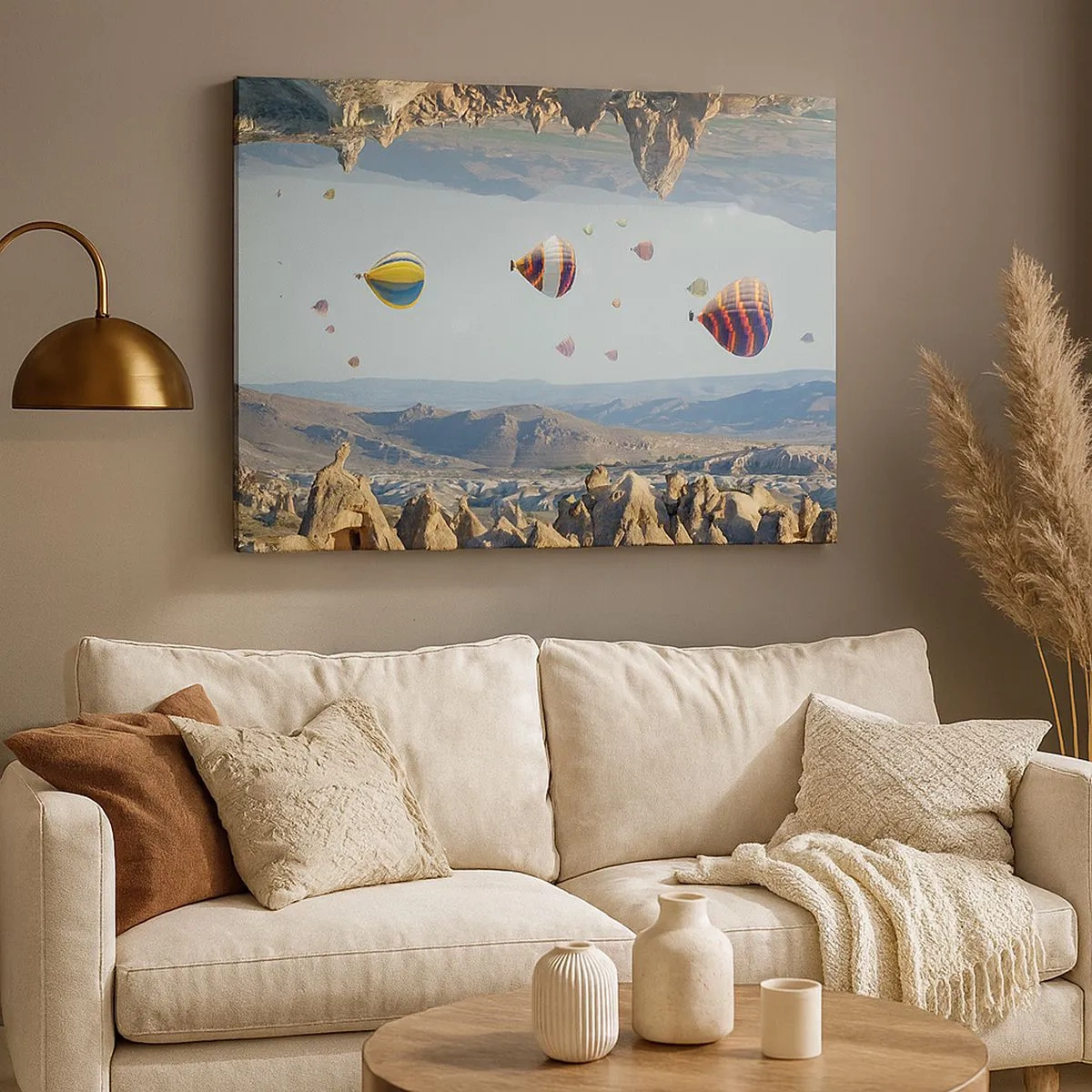Schilderen op canvas - Kleurrijke ballonnen boven een rotsachtig landschap - 70x50cm - Alles is hier mogelijk - Moderne wanddecoratie voor woonkamer en slaapkamer ARTTOR