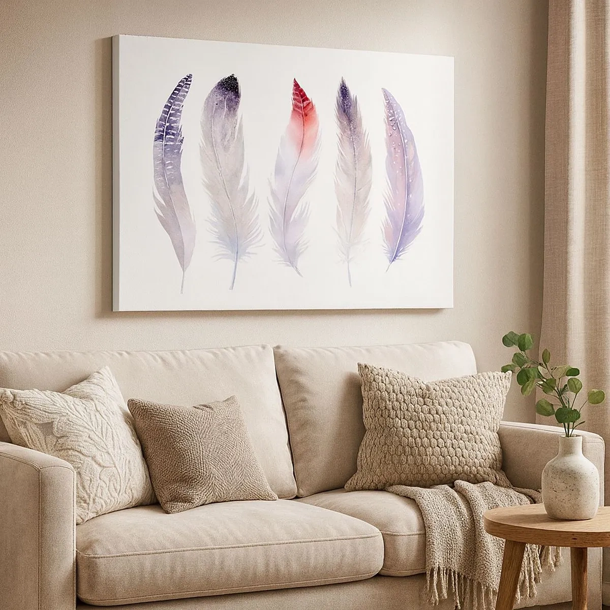 Schilderen op canvas - Vijf delicate veren in pasteltinten op een lichte achtergrond - 70x50cm - Delicaat als veelkleurige mist - Moderne wanddecoratie voor woonkamer en slaapkamer ARTTOR