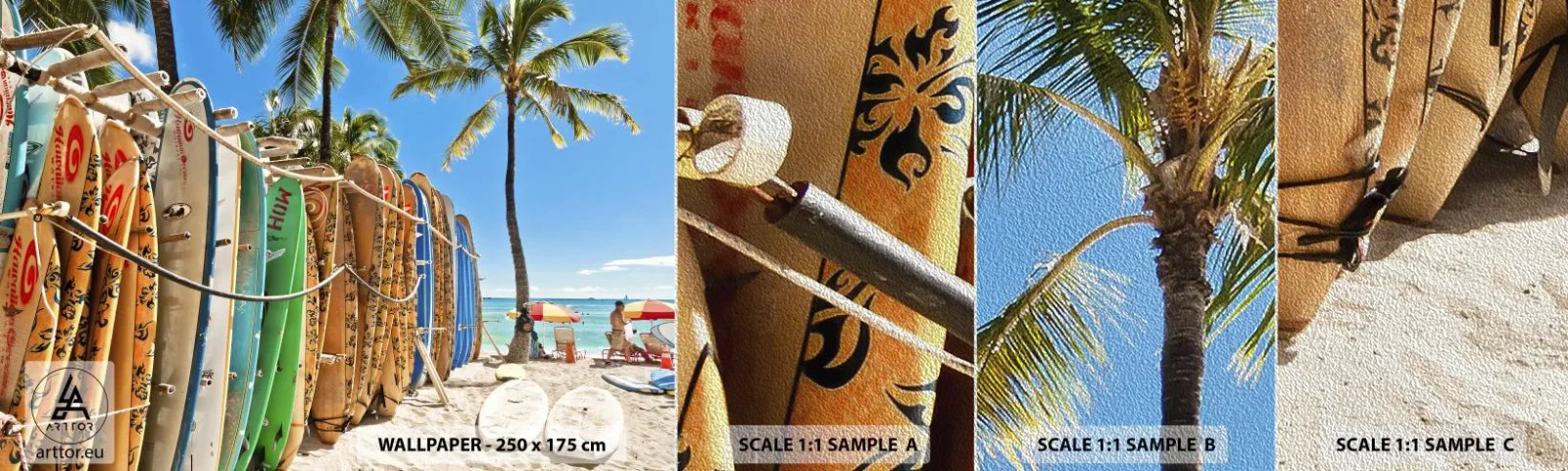 Fotobehang Monster Premium Sand - Zonnig plezier - Landschap, Surfplank, Strand - 100x30 cm