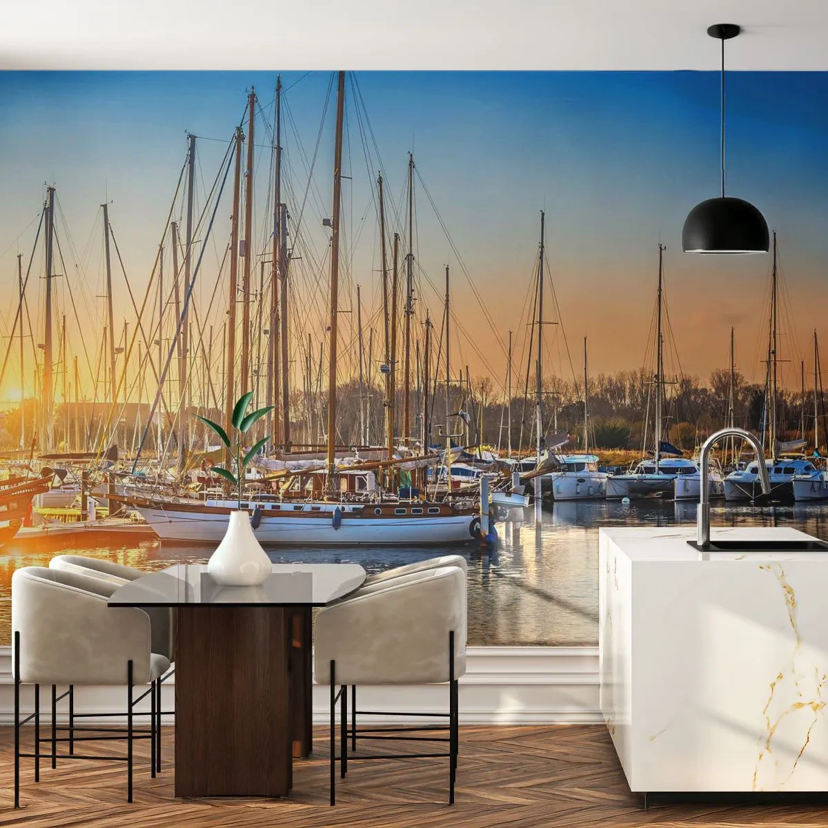 Fotobehang Premium Sand - De wind moet ook slapen - Landschap, Jachthaven, Zeilboot - 100x70 cm