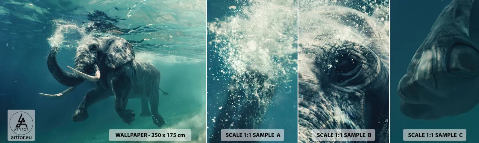 Fotobehang Staaltje Standard Eco - Iedereen houdt van zwemmen - Abstractie, Olifant, Deel - 100x30 cm