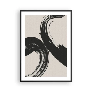 Poster in een zwarte lijst - Dynamische penseelstreken op een beige achtergrond - 50x70cm - Vegend en cirkevormig - Moderne wanddecoratie voor woonkamer en slaapkamer ARTTOR
