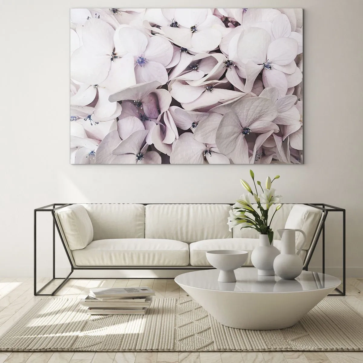 Schilderen op glas - Delicate lichtroze hortensia's van dichtbij - 70x50cm - In een vloed van bloemen - Moderne wanddecoratie voor woonkamer en slaapkamer ARTTOR