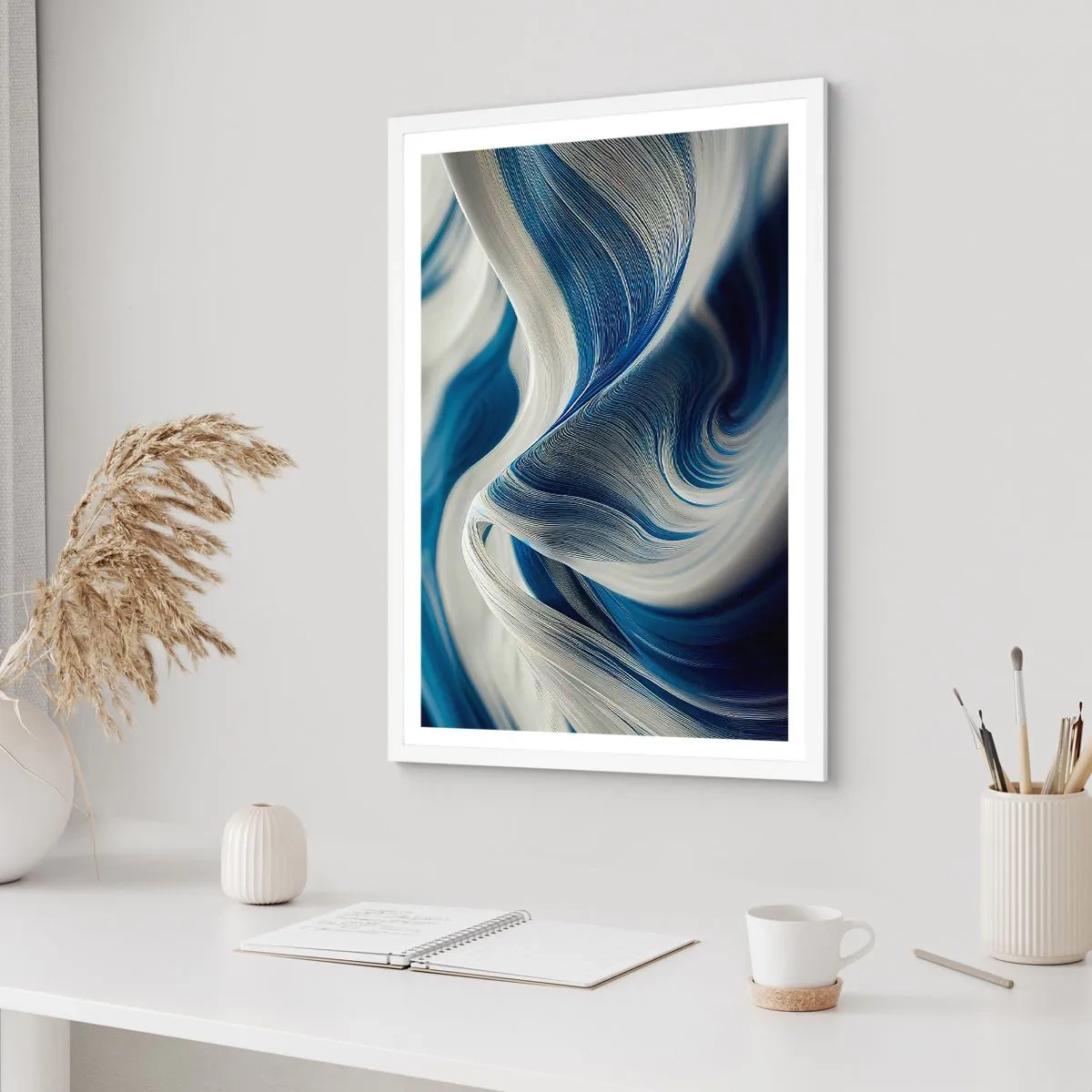Poster in een witte lijst - De vloeibaarheid van blauw en wit - 61x91 cm