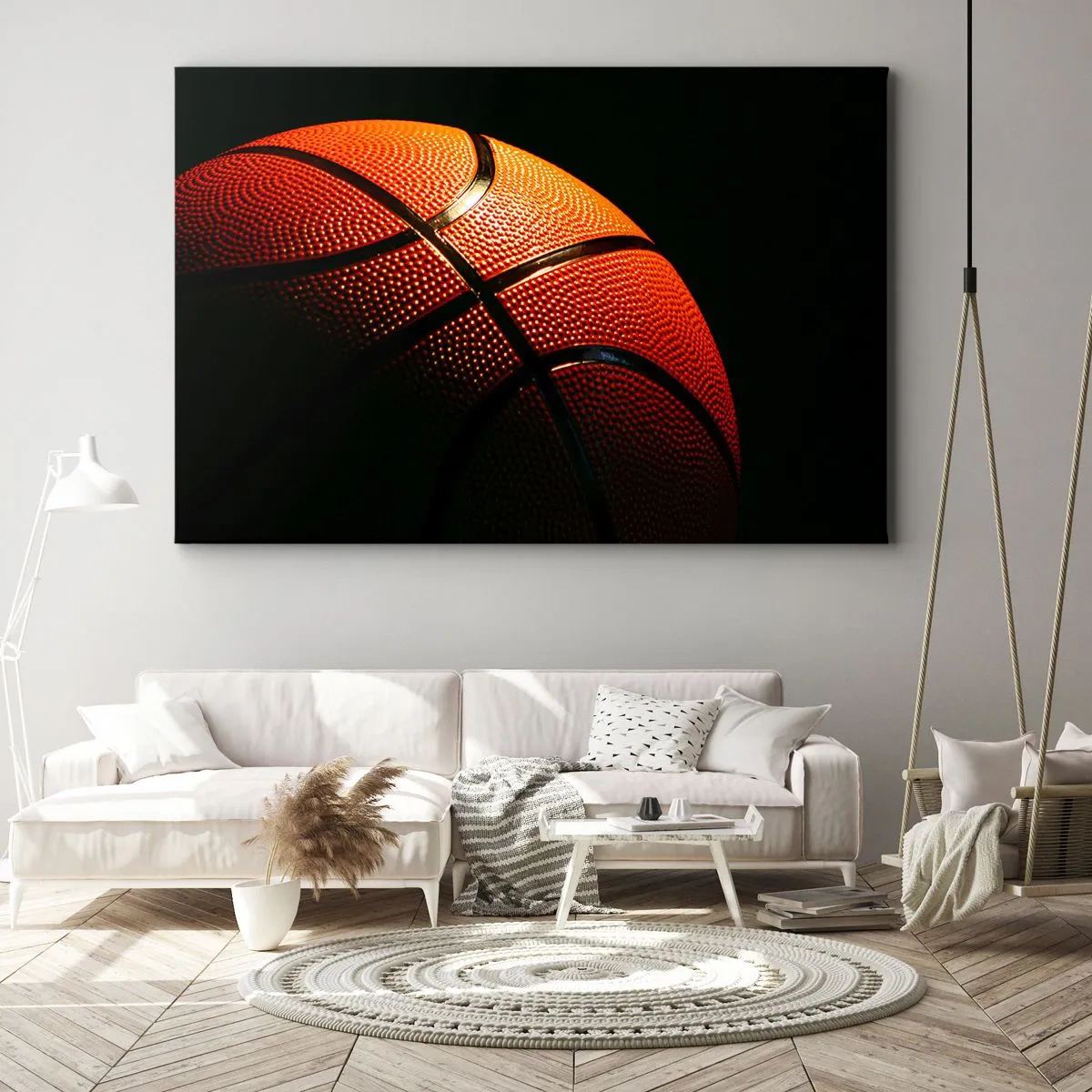 Schilderen op canvas - Close-up van een basketbal tegen een zwarte achtergrond - 70x50cm - Mooi als een planeet - Moderne wanddecoratie voor woonkamer en slaapkamer ARTTOR