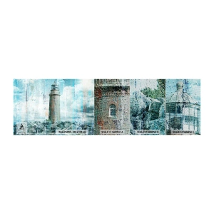 Fotobehang Monster Premium Sand - Op oud hout - Abstractie, Vuurtoren, Zee - 100x30 cm