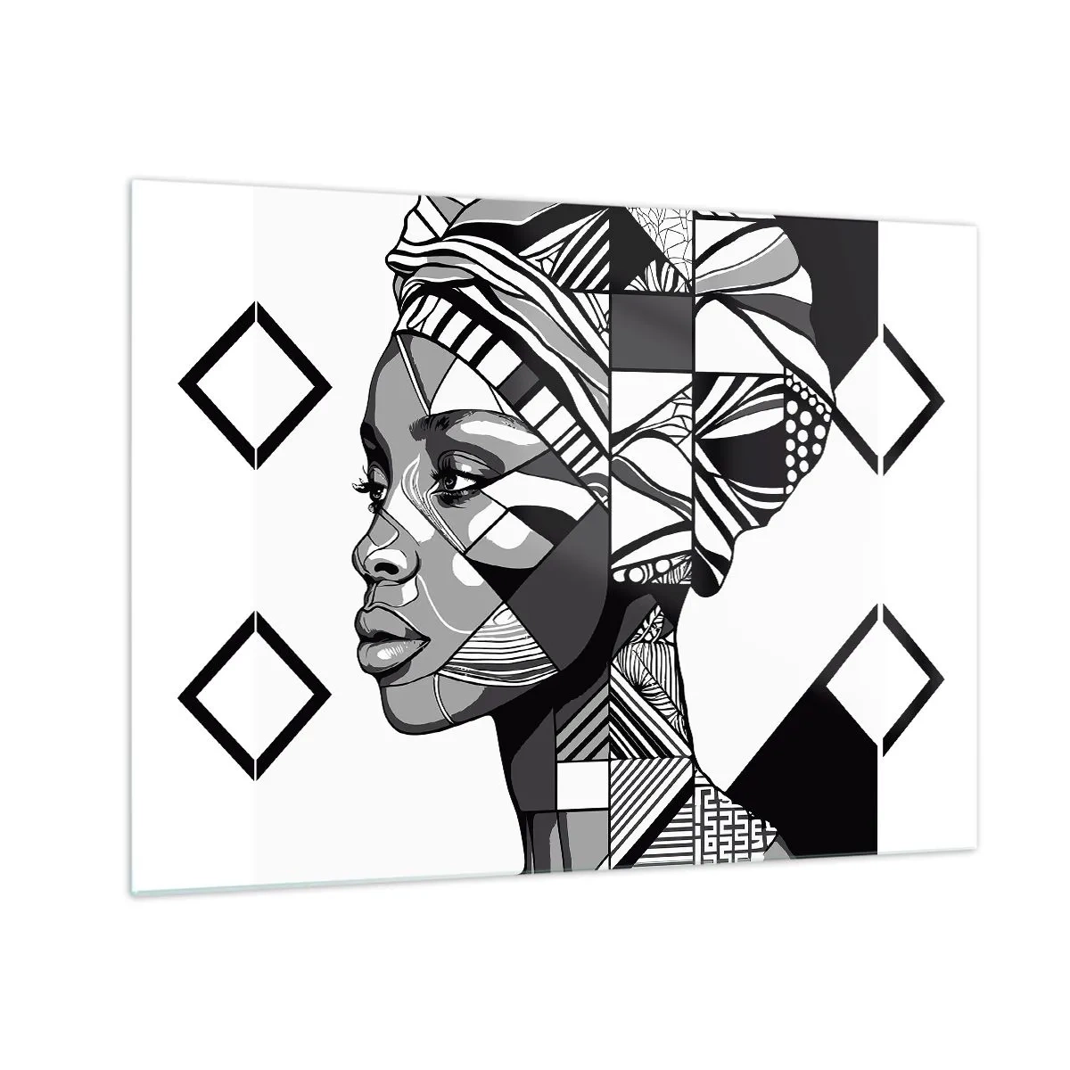 Schilderen op glas - Zwart-wit etnisch portret van een vrouw met geometrische patronen - 70x50cm - Etnisch portret - Moderne wanddecoratie voor woonkamer en slaapkamer ARTTOR