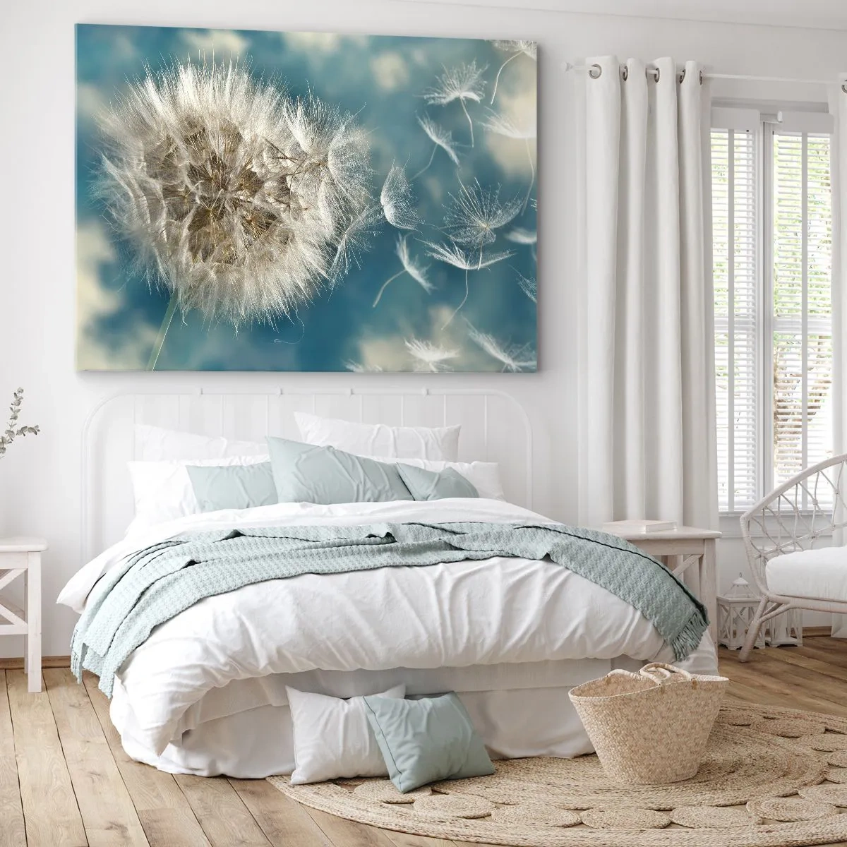 Schilderen op canvas - Een uitgebloeide paardenbloem tegen een blauwe lucht - 70x50cm - Engelen adem - Moderne wanddecoratie voor woonkamer en slaapkamer ARTTOR