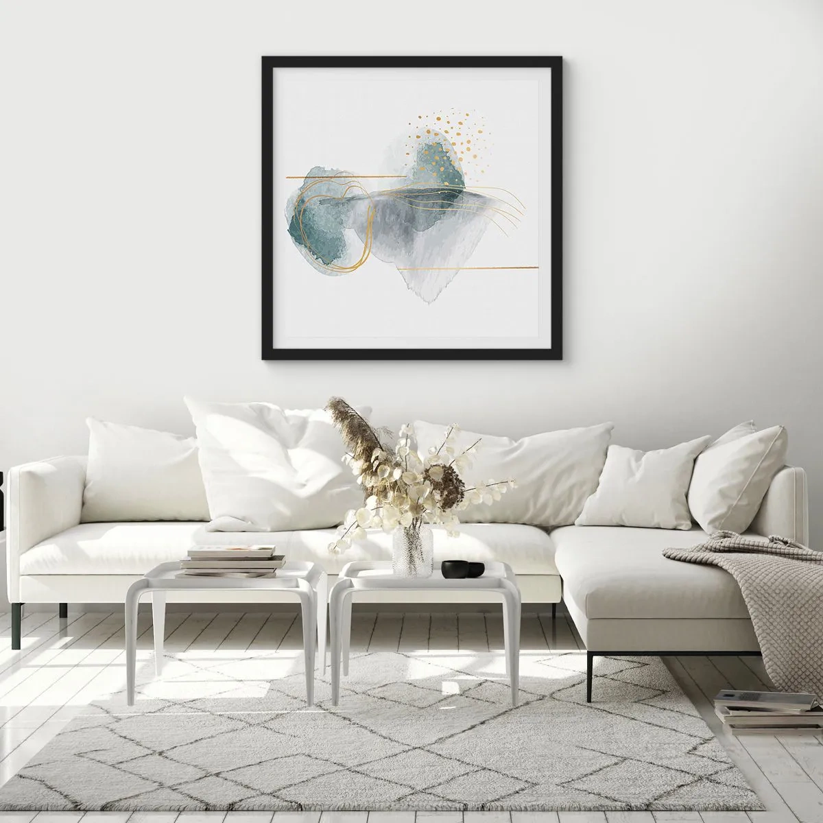 Poster in een zwarte lijst - Over de relatie tussen grijs en goud - 60x60 cm