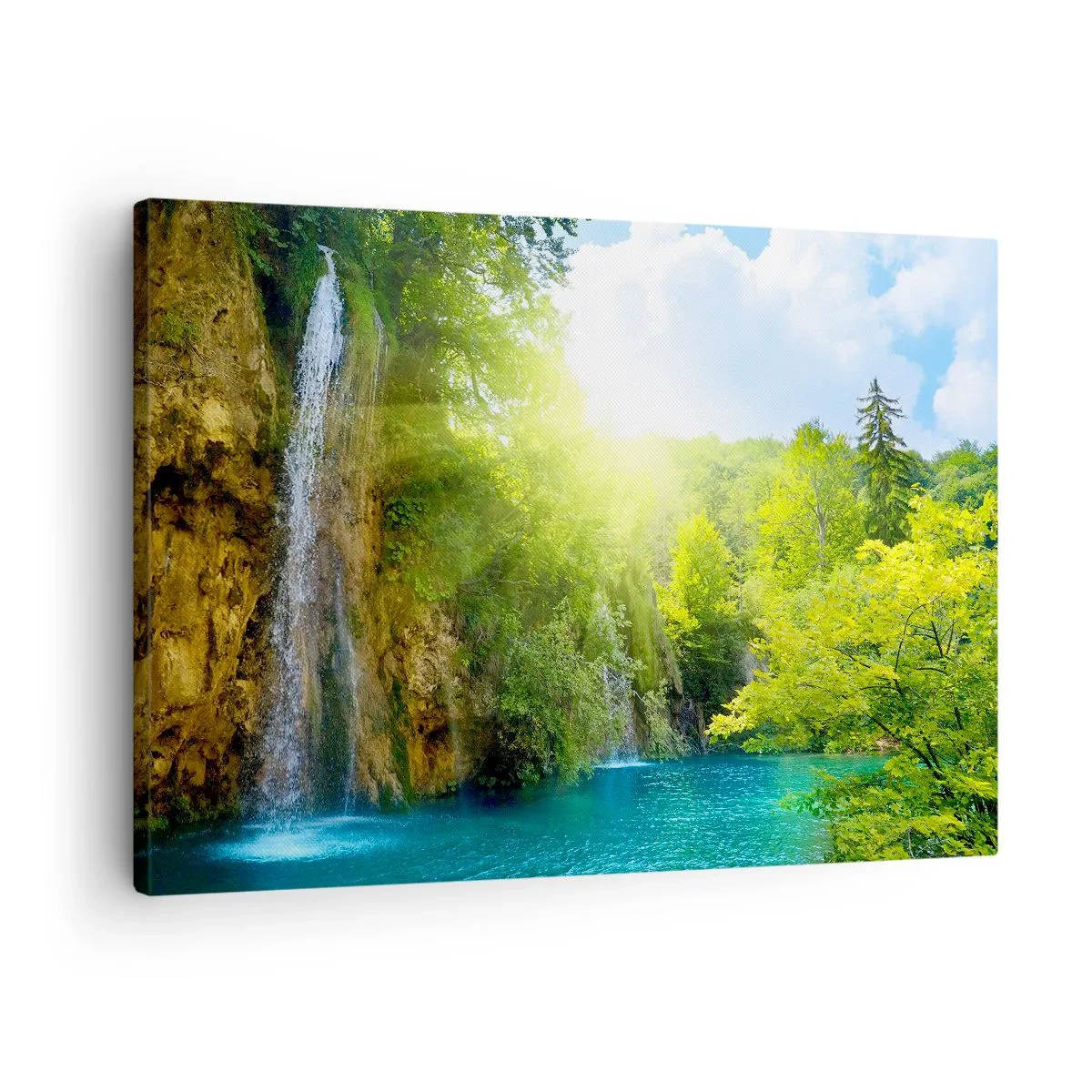 Schilderen op canvas - Een waterval die uitmondt in een turquoise meer, omgeven door groen - 70x50cm - Het moet Eden zijn - Moderne wanddecoratie voor woonkamer en slaapkamer ARTTOR
