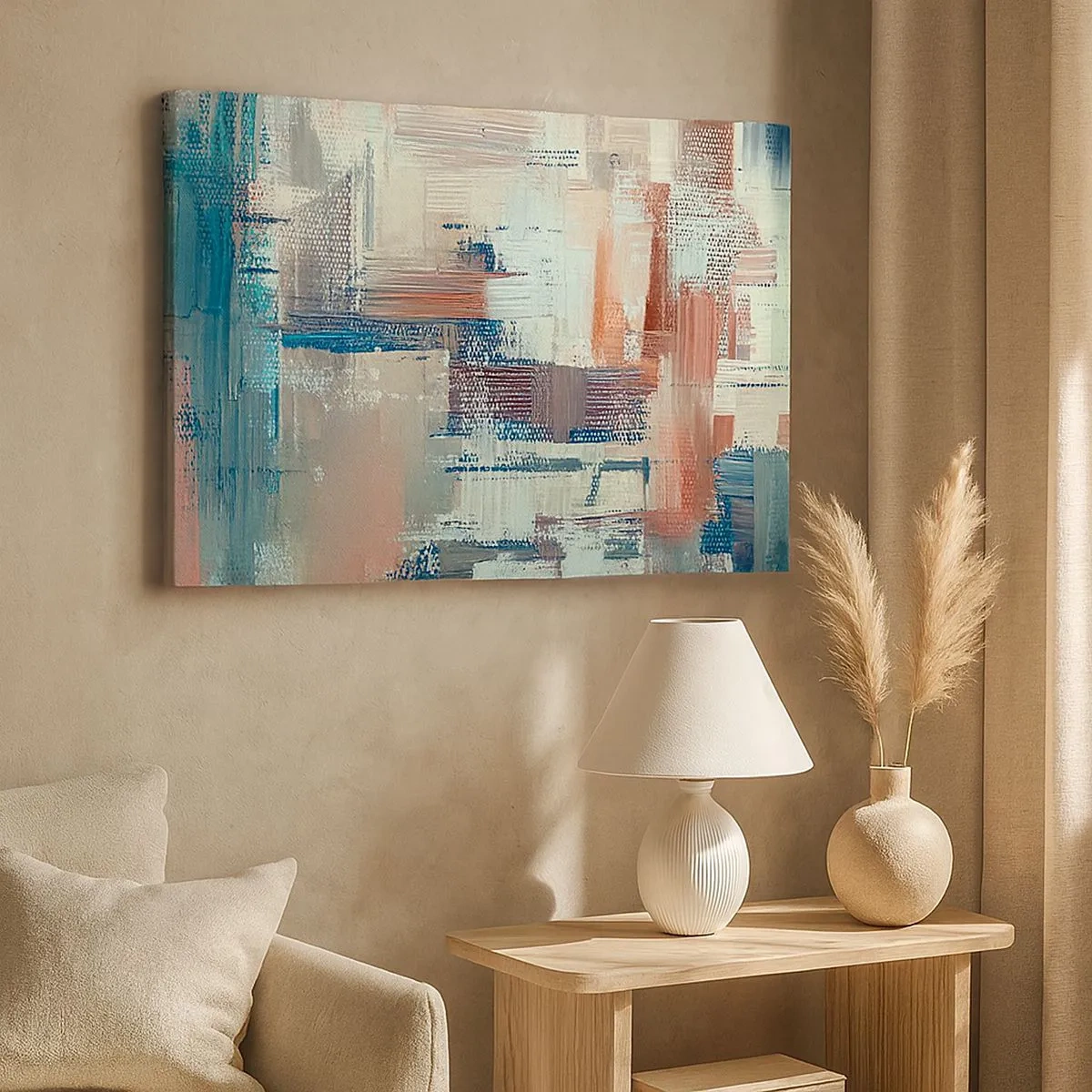 Schilderen op canvas - Abstracte compositie in tinten blauw en beige - 70x50cm - Het licht bereiken - Moderne wanddecoratie voor woonkamer en slaapkamer ARTTOR