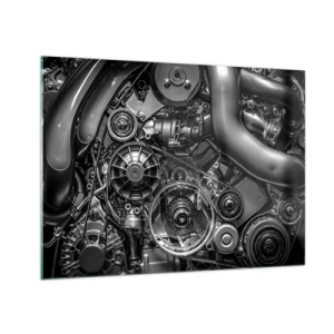 Schilderen op glas - Detail van een zwart-witte motor met zichtbare mechanismen - 70x50cm - De poëzie van mechanica - Moderne wanddecoratie voor woonkamer en slaapkamer ARTTOR