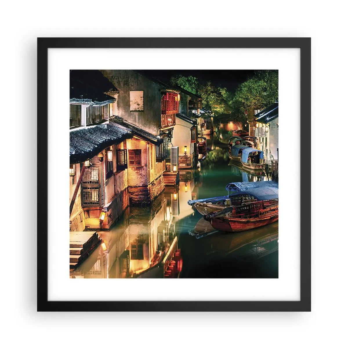 Poster in een zwarte lijst - Een avond op een Chinese straat - 40x40 cm