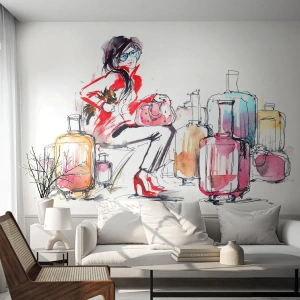 Fotobehang Standard Eco - Laten we gaan zitten voor de reis - Vrouw, Reis, Koffer - 250x175 cm