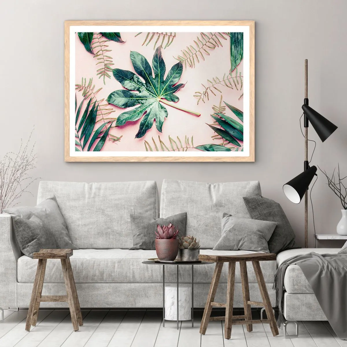 Een poster in een licht eiken lijst - Een studie van groen op een roze achtergrond - 100x70 cm