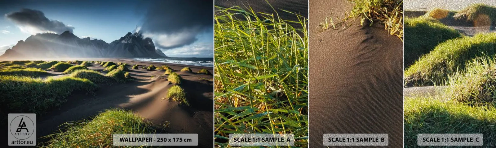 Fotobehang Monster Premium Sand - Harmonie van de elementen - Landschap, IJsland, Bergen - 100x30 cm