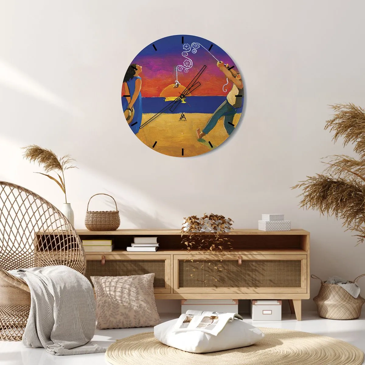 Wandklok - Klok - Kleurrijke illustratie van een stel op een strand bij zonsondergang - 30x30cm - Meer dan een sterretje uit de lucht - Moderne wanddecoratie voor woonkamer, keuken en slaapkamer ARTTOR