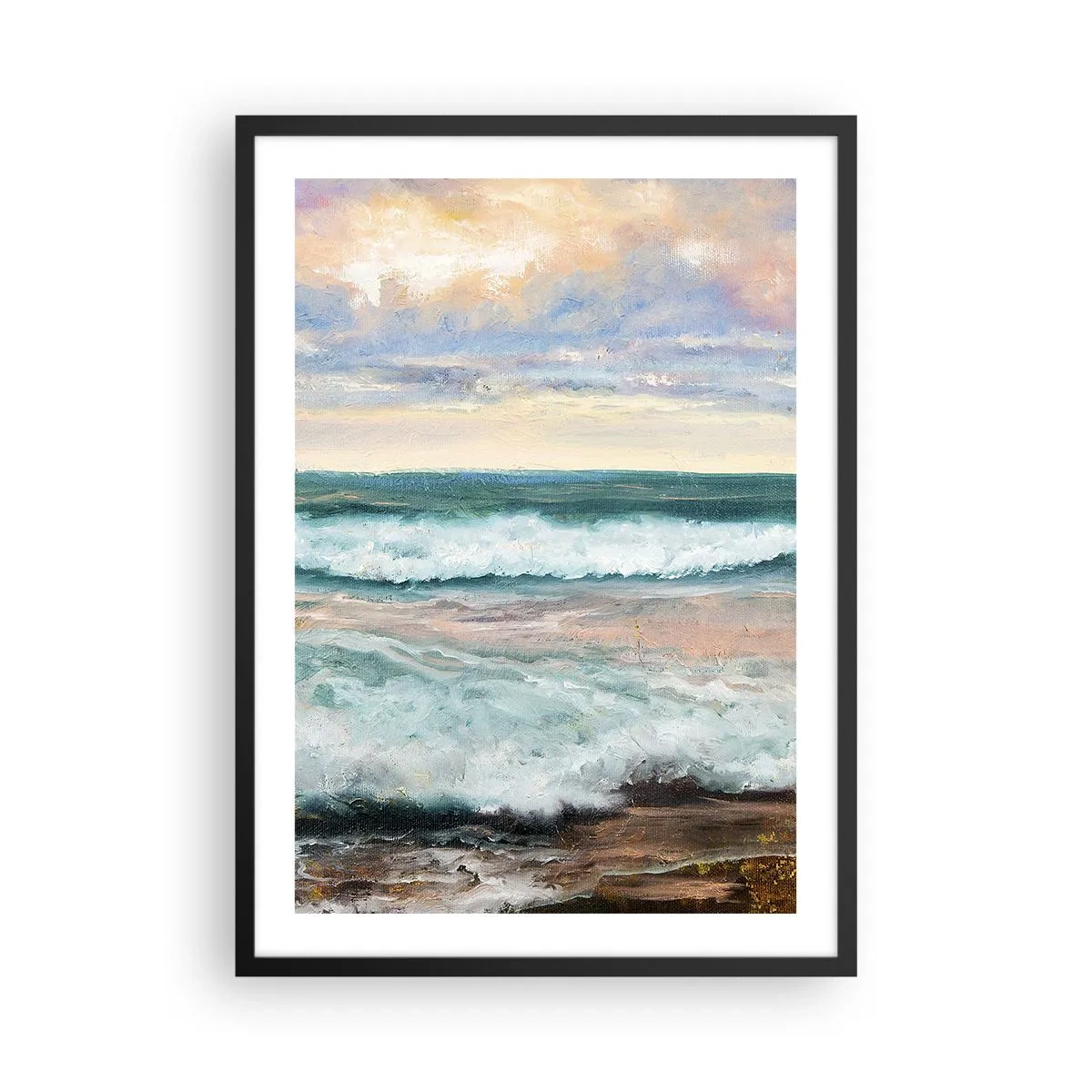 Poster in een zwarte lijst - Zee golven bij zonsondergang - 50x70cm - Hier maak je je ziel glad - Moderne wanddecoratie voor woonkamer en slaapkamer ARTTOR