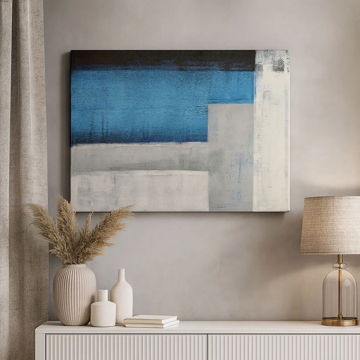 Schilderen op canvas - Een abstracte compositie met tinten blauw, grijs en wit. - 70x50cm - Een poëtische compositie van grijs en blauw - Moderne wanddecoratie voor woonkamer en slaapkamer ARTTOR