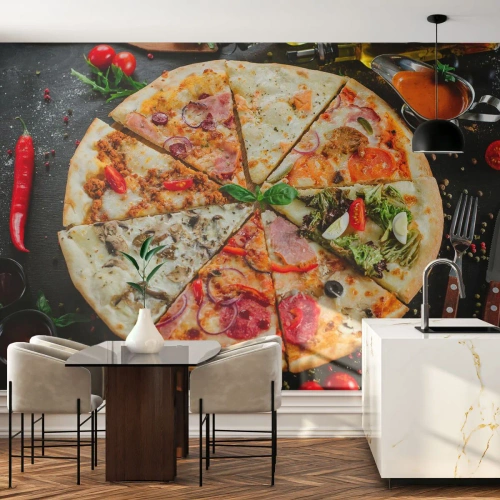 Fotobehang Premium Canvas - Een scala aan smaken - Gastronomie, Pizza, Italië - 450x315 cm