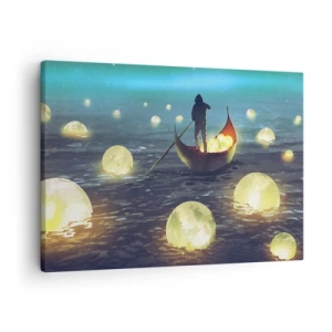 Schilderen op canvas - Een figuur in een boot omringd door lichtgevende ballen op het water - 70x50cm - Dingen waar filosofen nooit van hebben gedroomd - Moderne wanddecoratie voor woonkamer en slaapkamer ARTTOR
