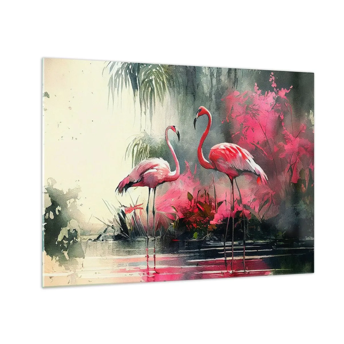 Schilderen op glas - Twee flamingo's in een tropische omgeving aan het water - 70x50cm - Een les in natuurlijke gratie - Moderne wanddecoratie voor woonkamer en slaapkamer ARTTOR