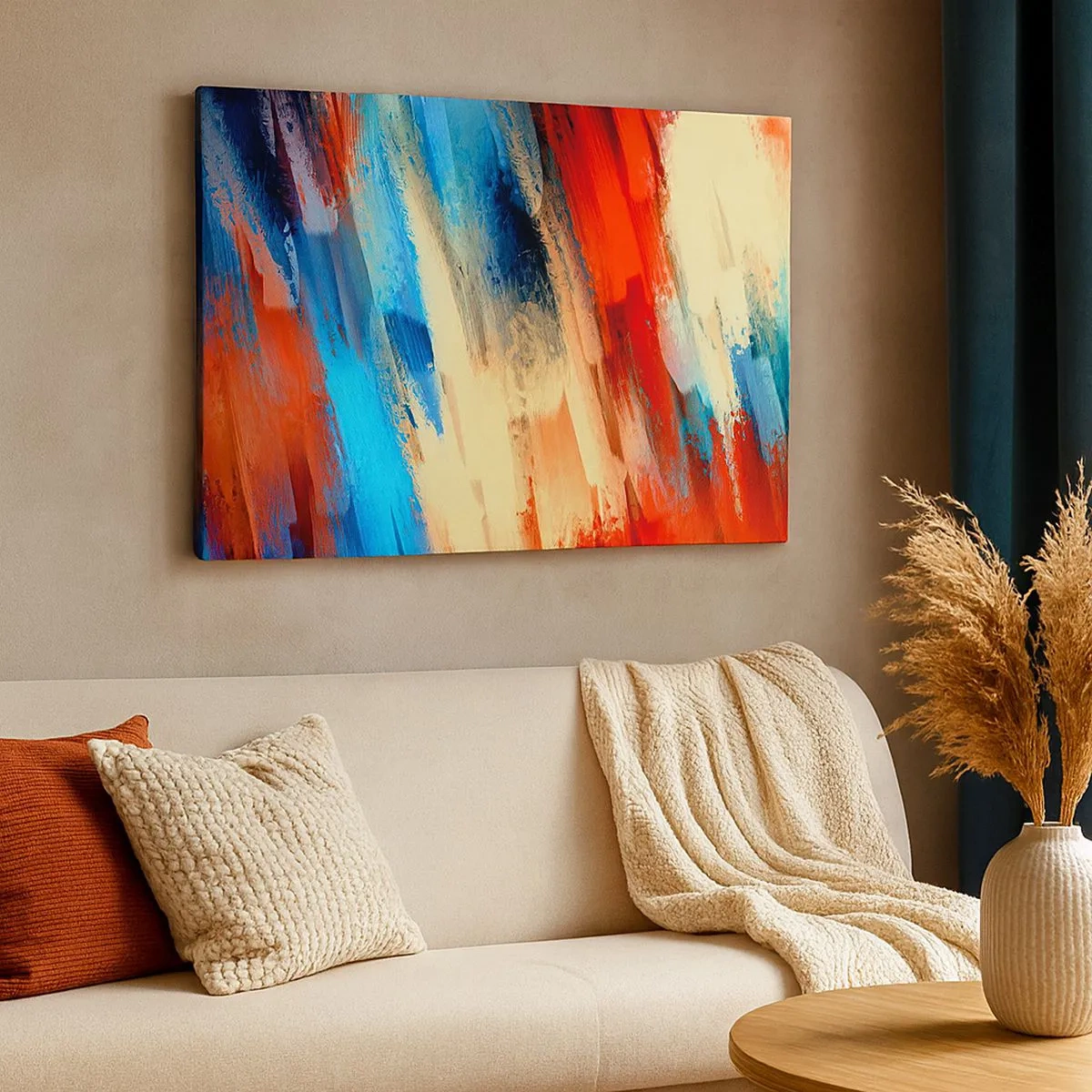 Schilderen op canvas - Abstracte penseelstreek in tinten blauw en oranje - 70x50cm - Een cascade van kleuren - Moderne wanddecoratie voor woonkamer en slaapkamer ARTTOR