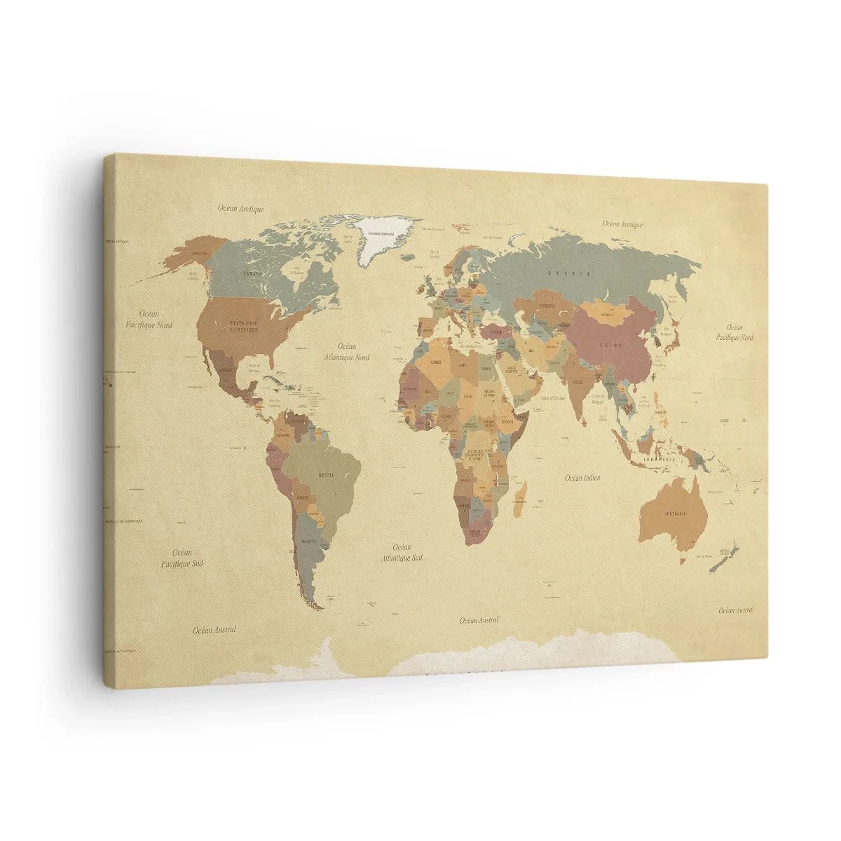 Schilderen op canvas - Een gestileerde wereldkaart in beige- en pasteltinten. - 70x50cm - Voor jou - de hele wereld - Moderne wanddecoratie voor woonkamer en slaapkamer ARTTOR