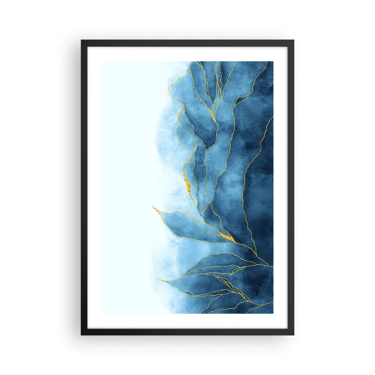 Poster in een zwarte lijst - Een abstracte compositie in blauwtinten met gouden lijnen. - 50x70cm - Blauw in goud - Moderne wanddecoratie voor woonkamer en slaapkamer ARTTOR