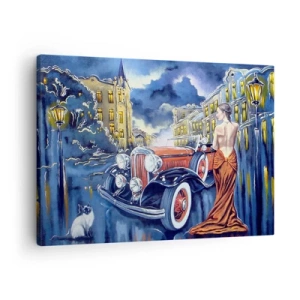 Schilderen op canvas - Een vrouw in een elegante jurk bij een retro-auto 's nachts - 70x50cm - Nocturne in blauw en koraal - Moderne wanddecoratie voor woonkamer en slaapkamer ARTTOR