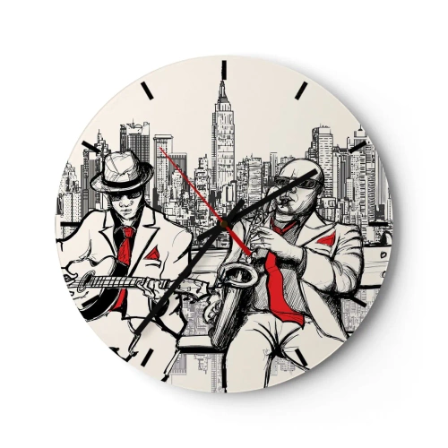 Wandklok - Klok - Een wijzerplaat met een motief van jazzmuzikanten tegen de achtergrond van New York City - 30x30cm - Improvisatie van New York - Moderne wanddecoratie voor woonkamer, keuken en slaapkamer ARTTOR