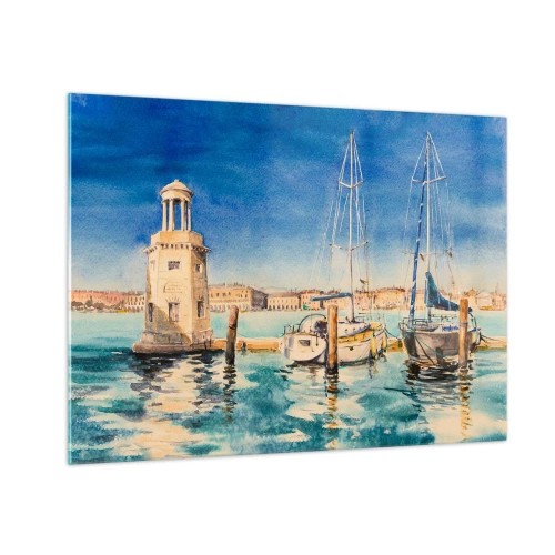 Schilderen op glas - Aquarel jachthaven met vuurtoren en aangemeerde jachten - 70x50cm - Zonnige lagune - Moderne wanddecoratie voor woonkamer en slaapkamer ARTTOR