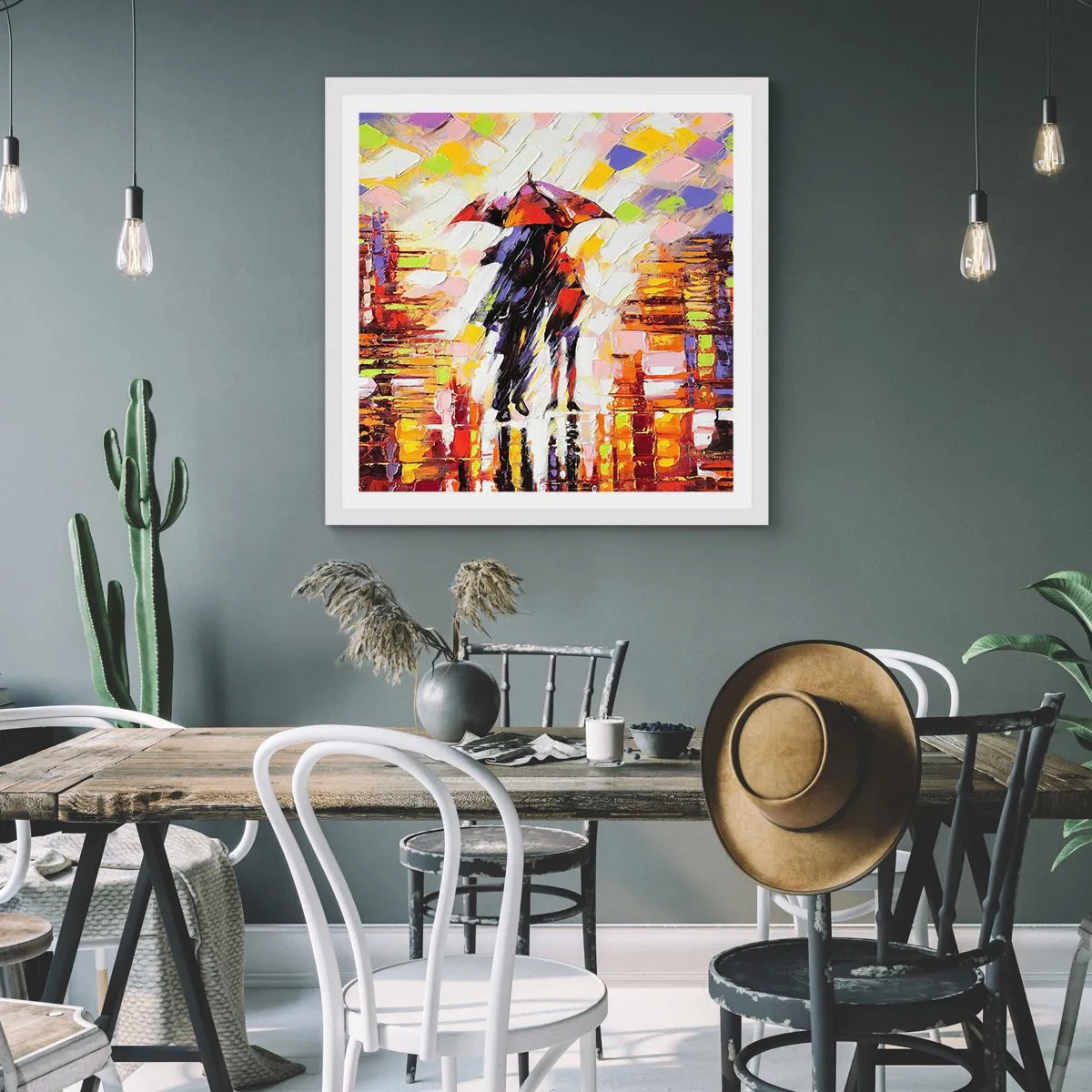 Poster in een witte lijst - Samen door de nacht en regen - 40x40 cm