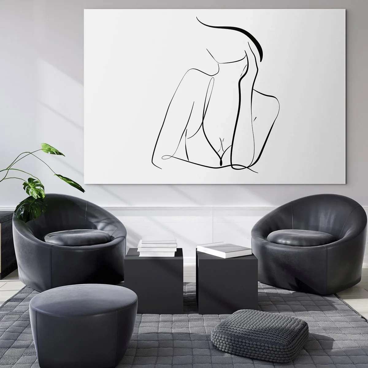 Schilderen op glas - Een eenvoudige lijn die de omtrek van het lichaam in tinten zwart en wit weergeeft - 70x50cm - Op de golf van dromen - Moderne wanddecoratie voor woonkamer en slaapkamer ARTTOR