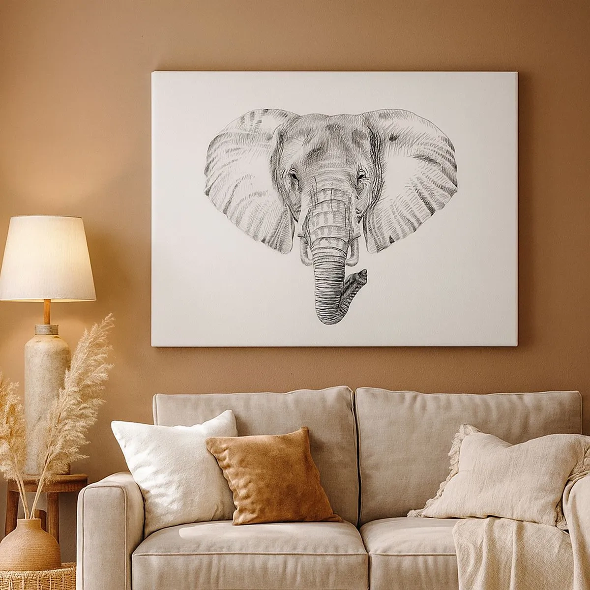Schilderen op canvas - Zwart-wit tekening van een olifantenkop op een witte achtergrond - 70x50cm - "Er was een olifant, zo groot als - een olifant" - Moderne wanddecoratie voor woonkamer en slaapkamer ARTTOR