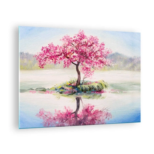 Schilderen op glas - Een roze boom op een eiland weerspiegeld in het kalme water - 70x50cm - Lentefeest - Moderne wanddecoratie voor woonkamer en slaapkamer ARTTOR