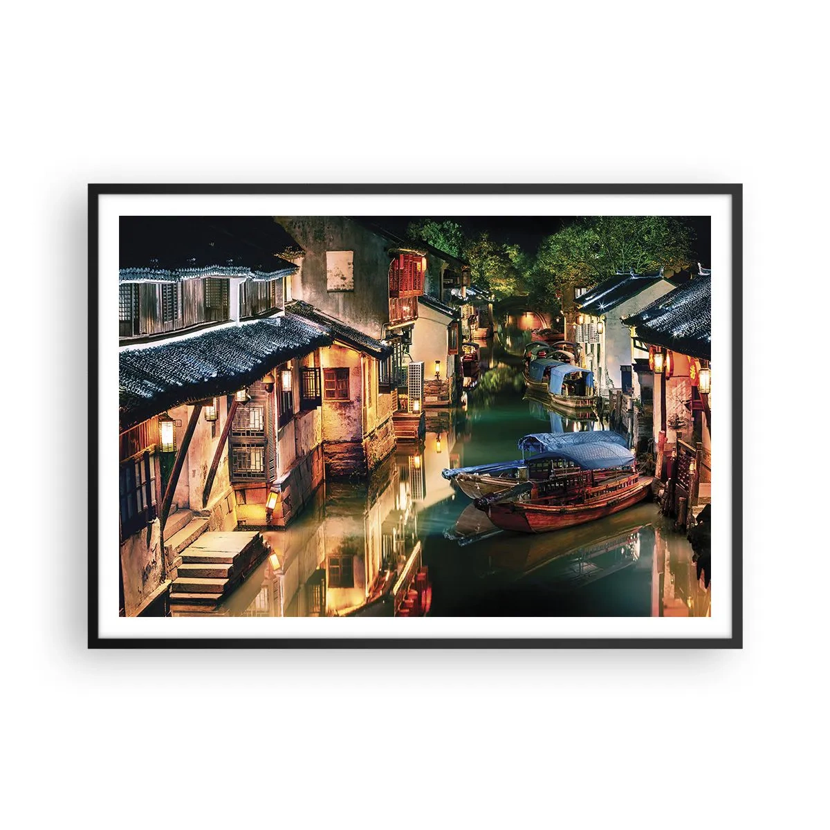 Poster in een zwarte lijst - Een avond op een Chinese straat - 100x70 cm