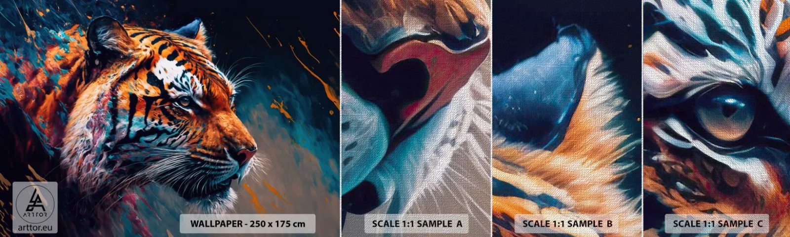 Fotobehang Monster Premium Canvas - Wilde schoonheid - Tijger, Kleurrijk, Dier - 100x30 cm