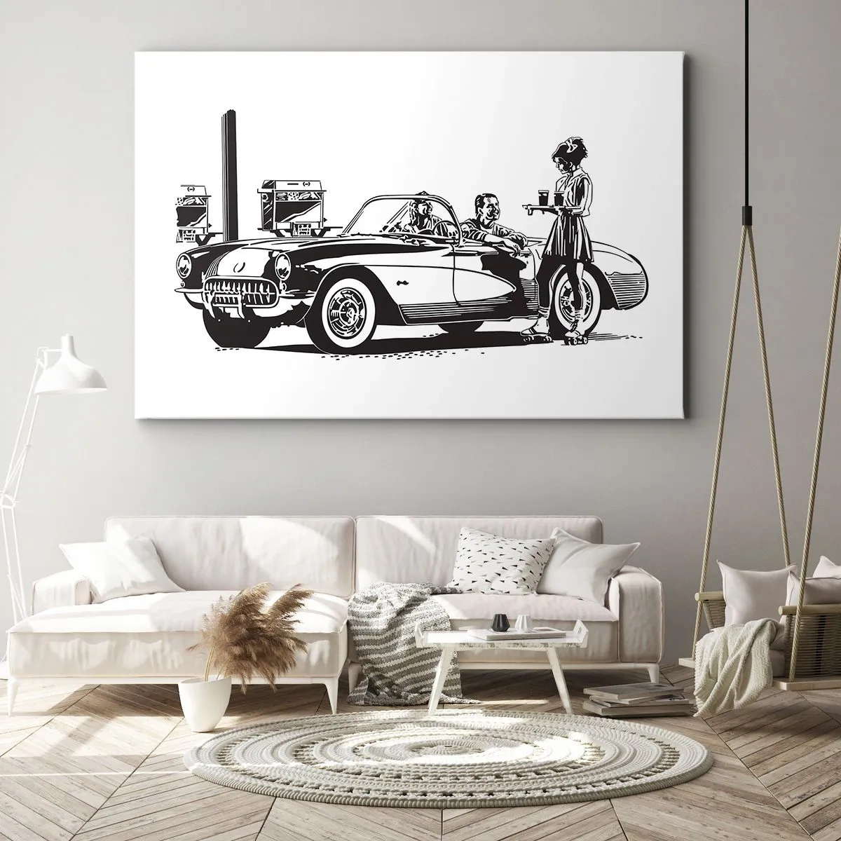 Schilderen op canvas - Een zwart-wit retrotafereel met een auto en een serveerster op rolschaatsen. - 70x50cm - 60e - zorgeloos Amerika - Moderne wanddecoratie voor woonkamer en slaapkamer ARTTOR