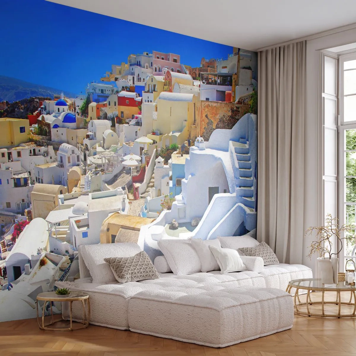 Fotobehang Premium Sand - De droom van een Griekse zomer - Architectuur, Landschap, Santorini - 100x70 cm