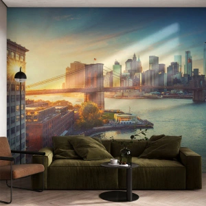 Fotobehang Standard Eco - Dageraad in de grote stad - New York, Stad, Brooklyn Bridge - 400x280 cm