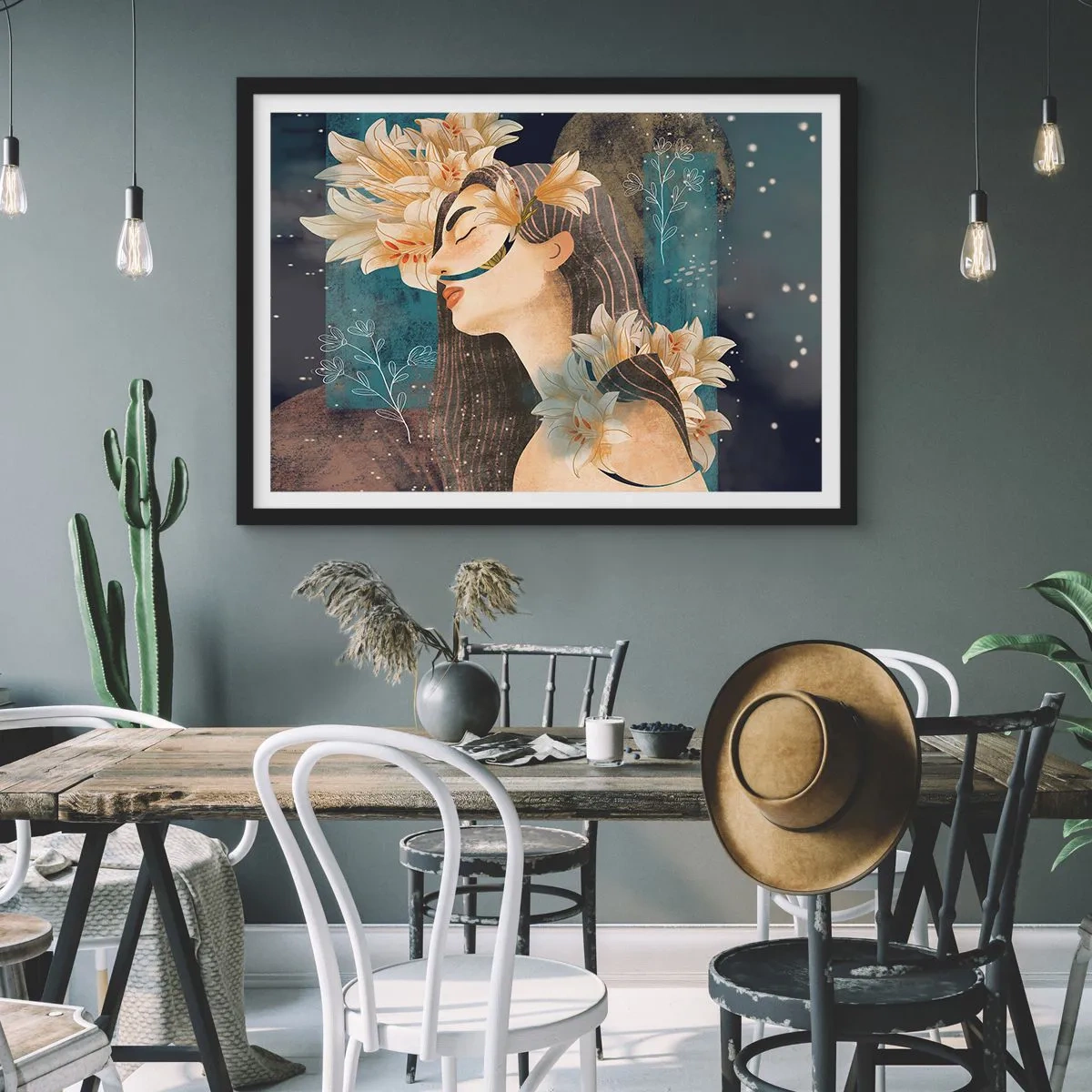 Poster in een zwarte lijst - Een sprookje over een prinses met lelies - 91x61 cm