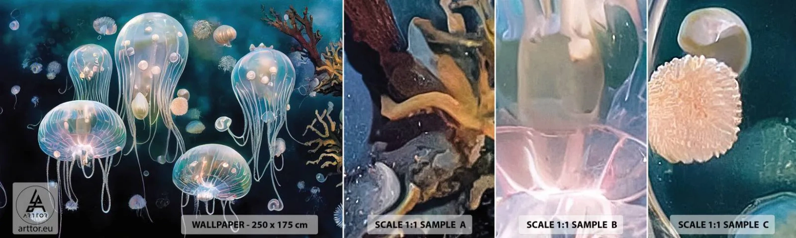 Fotobehang Staaltje Standard Eco - Ondferwaterbal - Kwallen, Dieren, Diepten - 100x30 cm