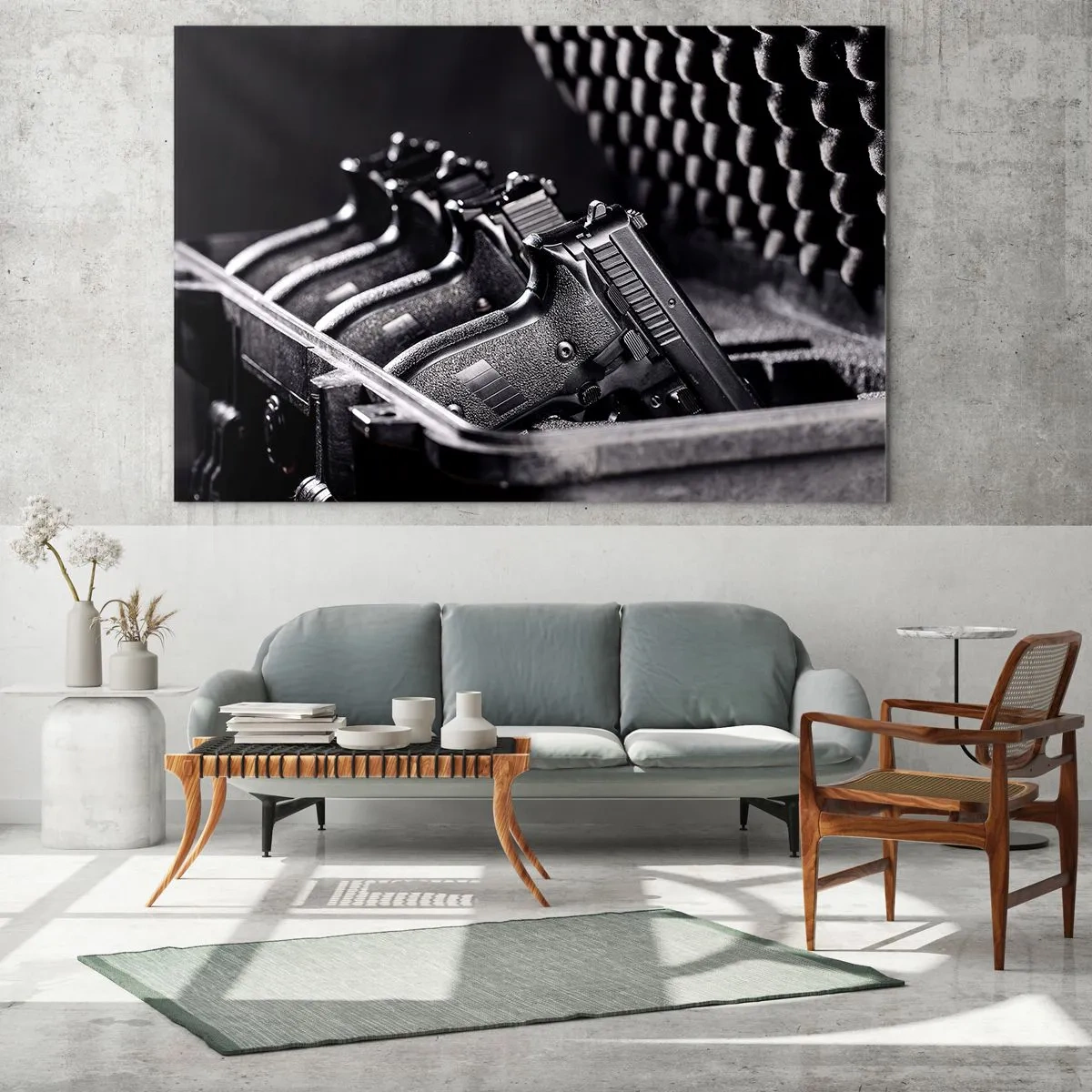 Schilderen op glas - Zwarte pistolen in een koffer tegen een achtergrond van beschermend schuim - 70x50cm - Heren sport - Moderne wanddecoratie voor woonkamer en slaapkamer ARTTOR