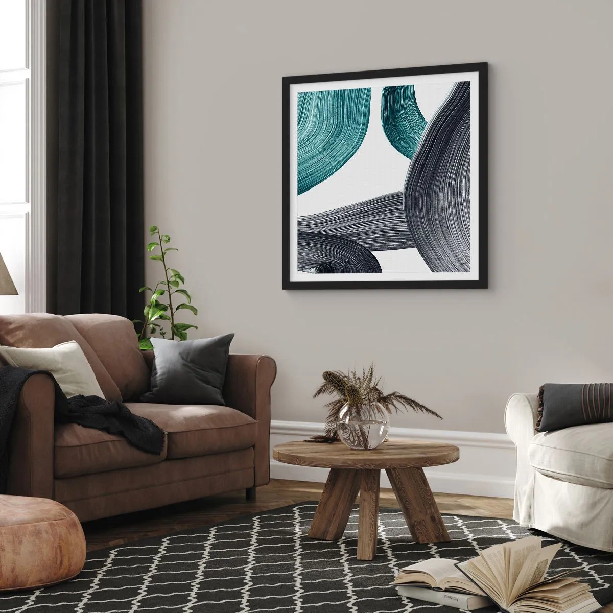 Poster in een zwarte lijst - Smaragdgroene en zwarte paden - 30x30 cm