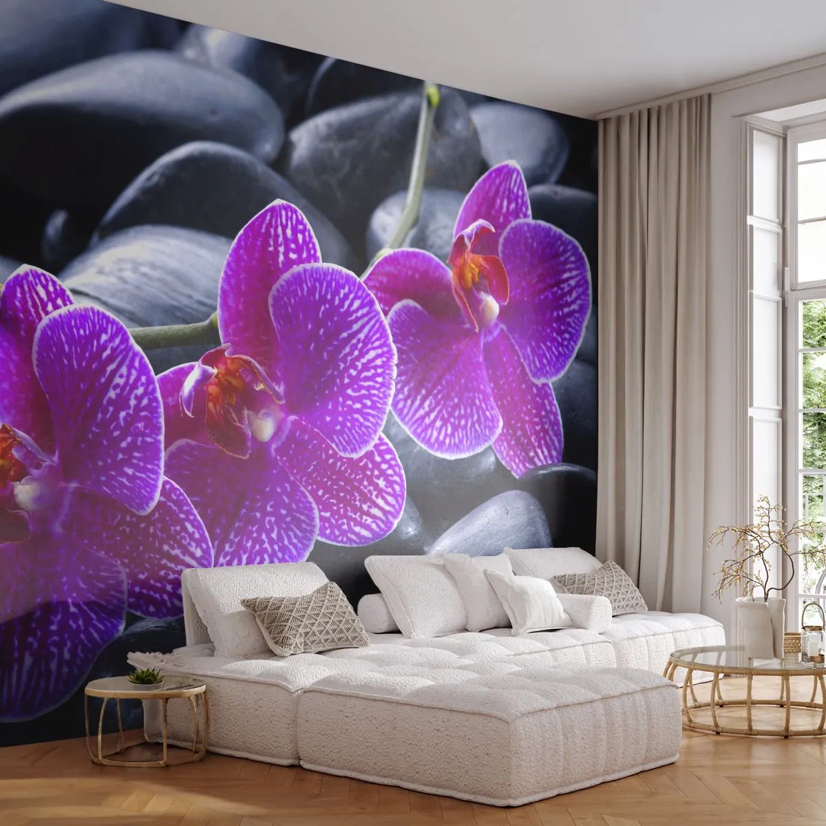 Fotobehang Standard Eco - De stenen gloeiden van verrukking - Bloemen, Stenen, Orchidee - 200x140 cm